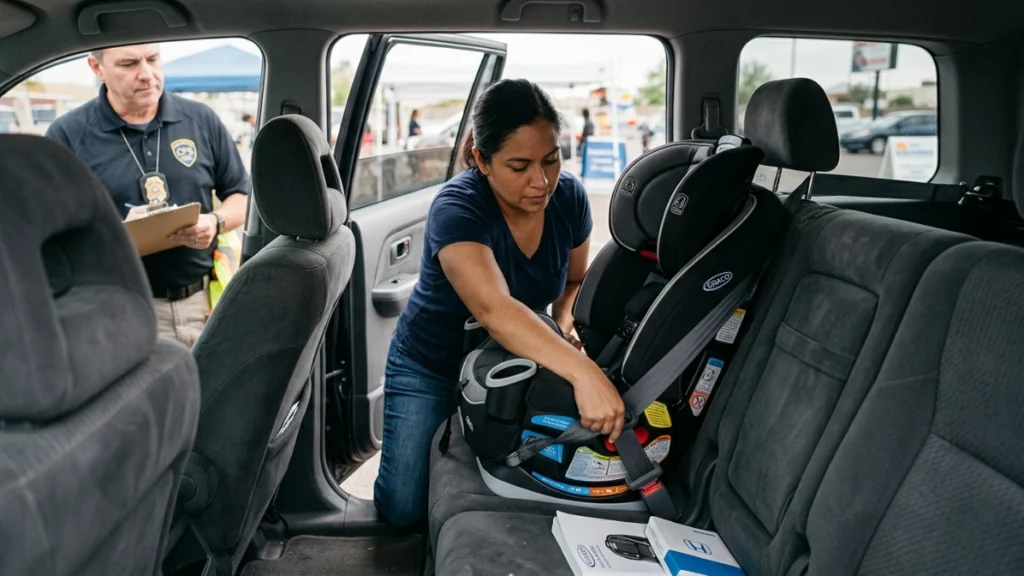 Parent installs a forward-facing car seat with correct belt path, top tether and movement check.