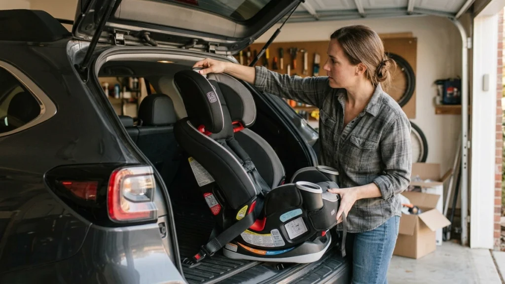 Parent raises an all-in-one car seat headrest as its backrest widens for more shoulder room.