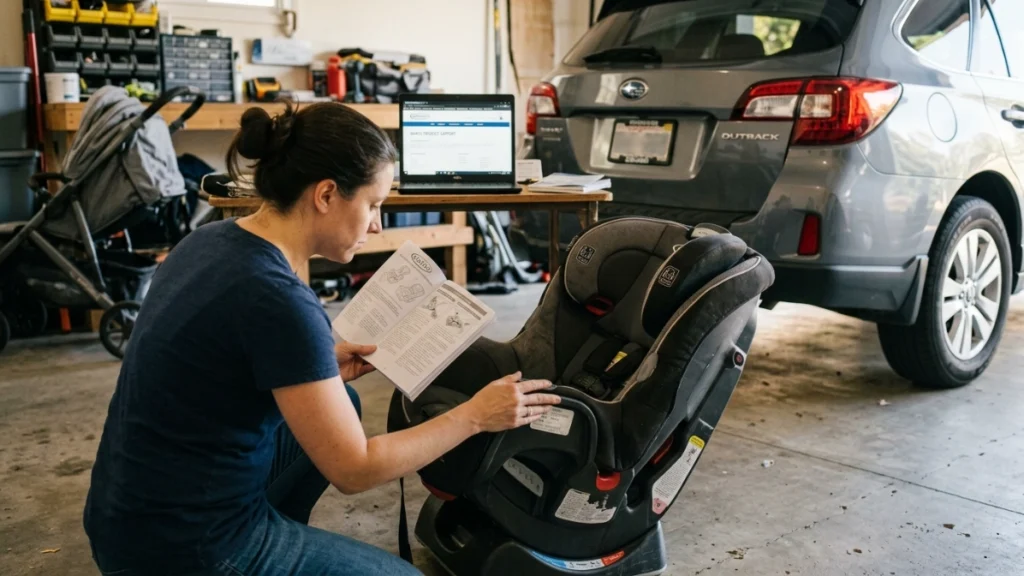 Parent checks a car-seat identification label while comparing the correct manual.