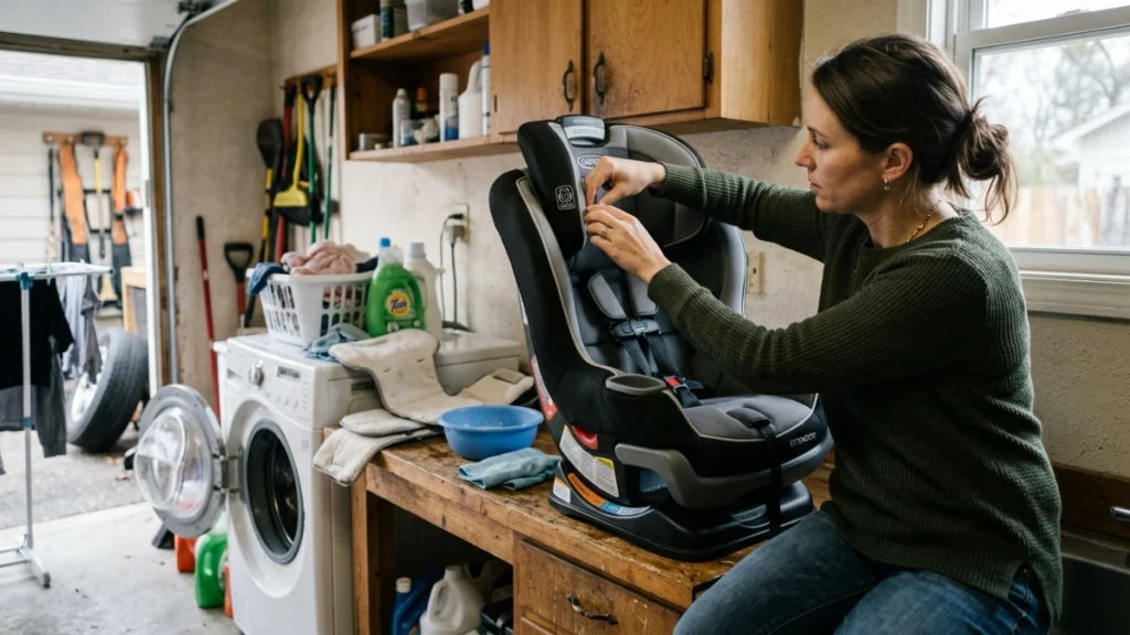 Parent adjusts a convertible car seat beside removable pads and mild cleaning supplies.