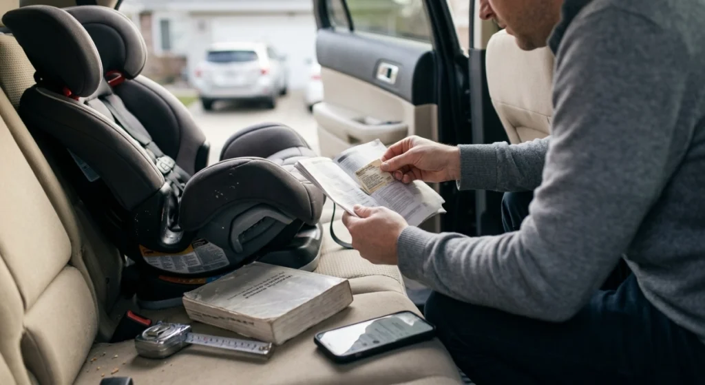 Parent checking a child car seat label and vehicle manual before installation
