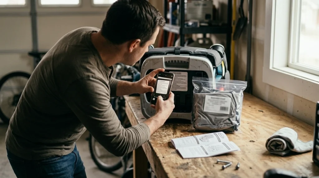 Parent checking a car seat model number before ordering a Graco 4Ever DLX replacement cover