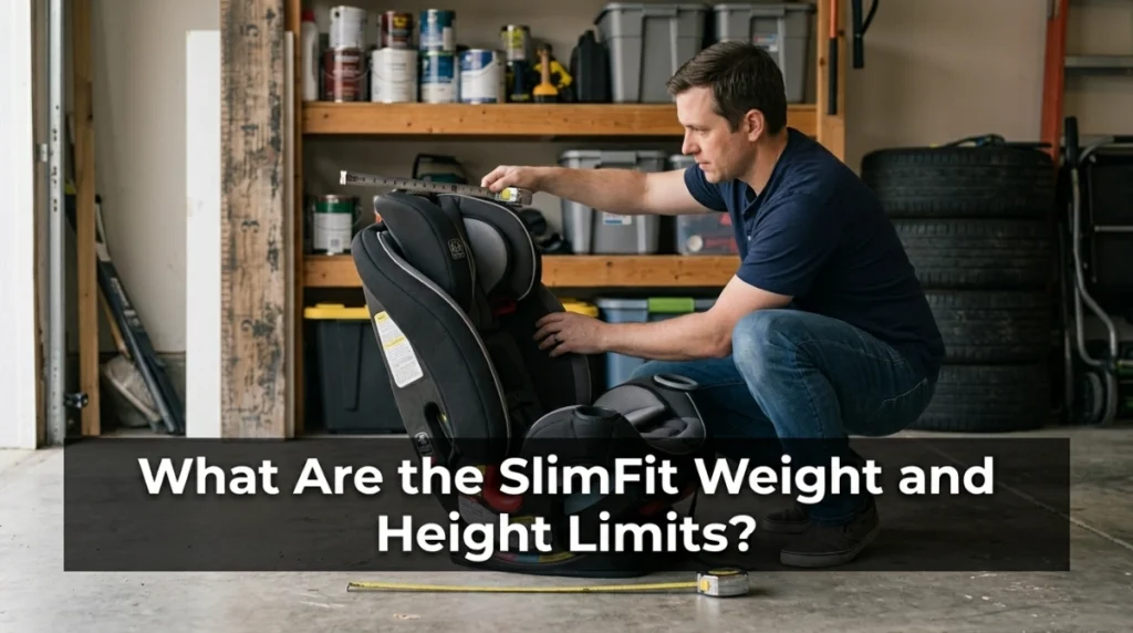 Parent checking Graco SlimFit weight and height limits beside a family SUV