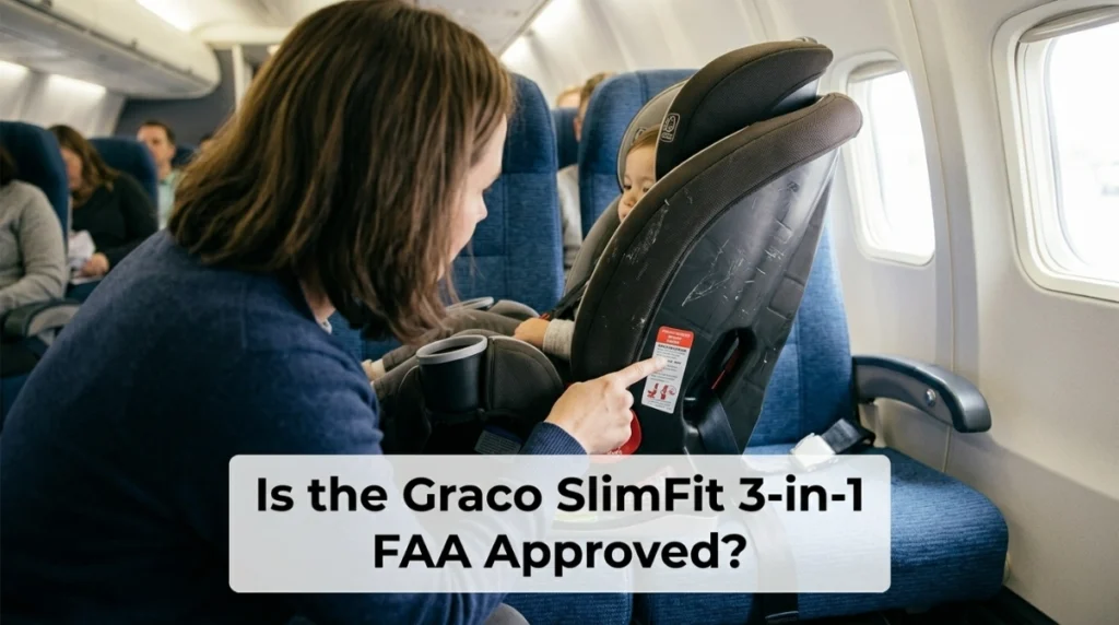 Parent checks the aircraft certification label on a Graco SlimFit 3-in-1 car seat
