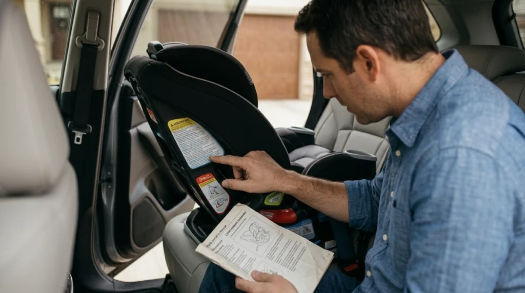 Parent checking the Graco Grows4Me manual and car-seat label before installation