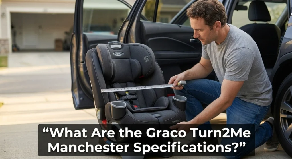 Parent measuring a Graco Turn2Me Manchester rotating car seat beside a family SUV