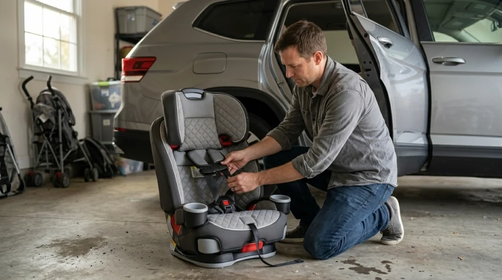 Parent examining a three-mode Graco Nautilus 2.0 LX-style harness booster near an SUV