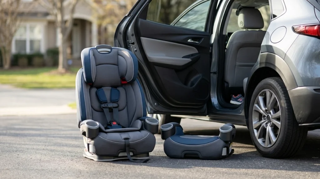 Forward-facing harness booster beside an open family crossover rear door