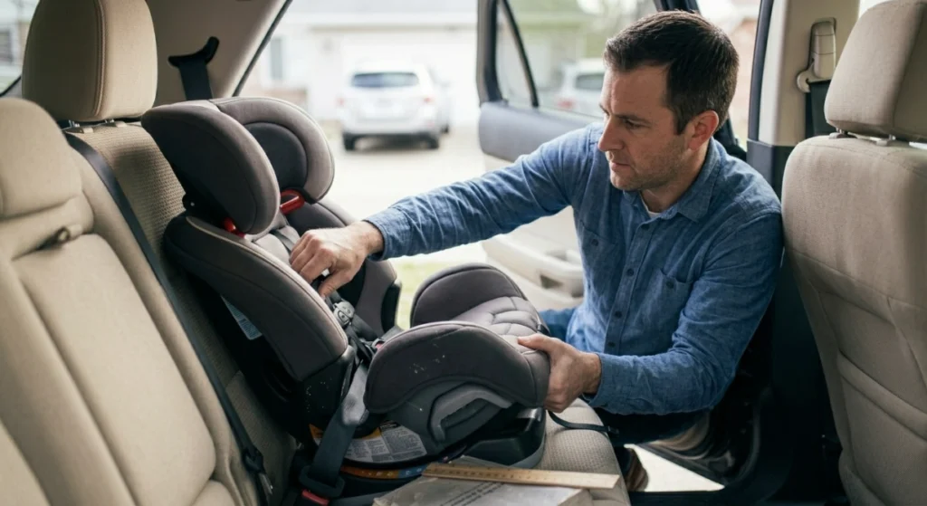 Parent testing an installed child car seat for movement at the vehicle belt path
