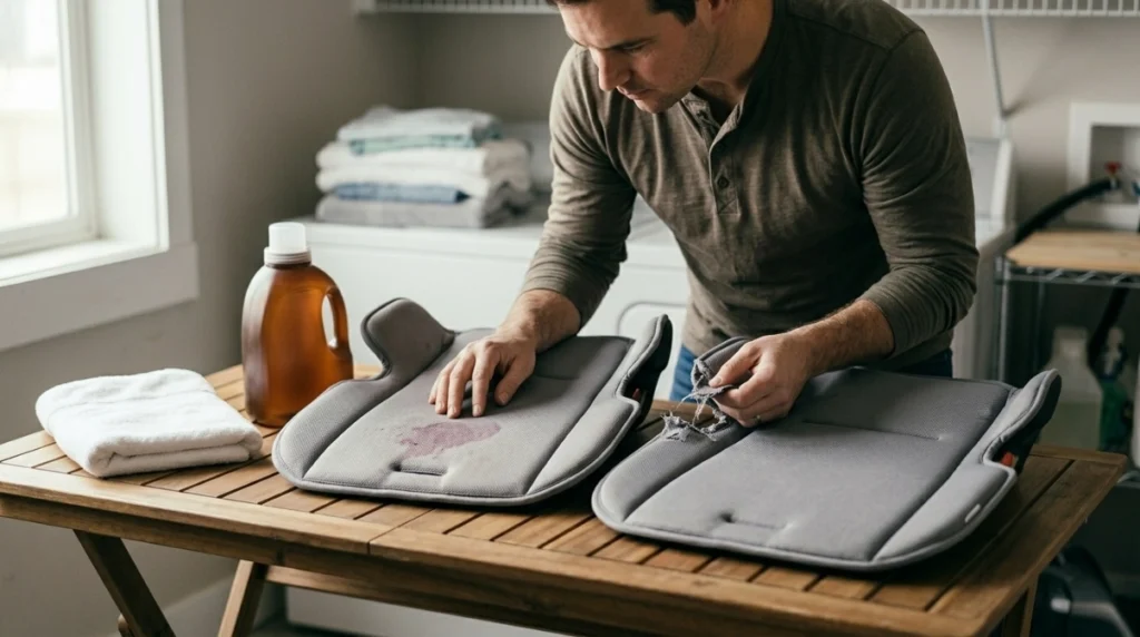 Parent comparing a washable stain with a torn Graco car seat cover that needs replacement