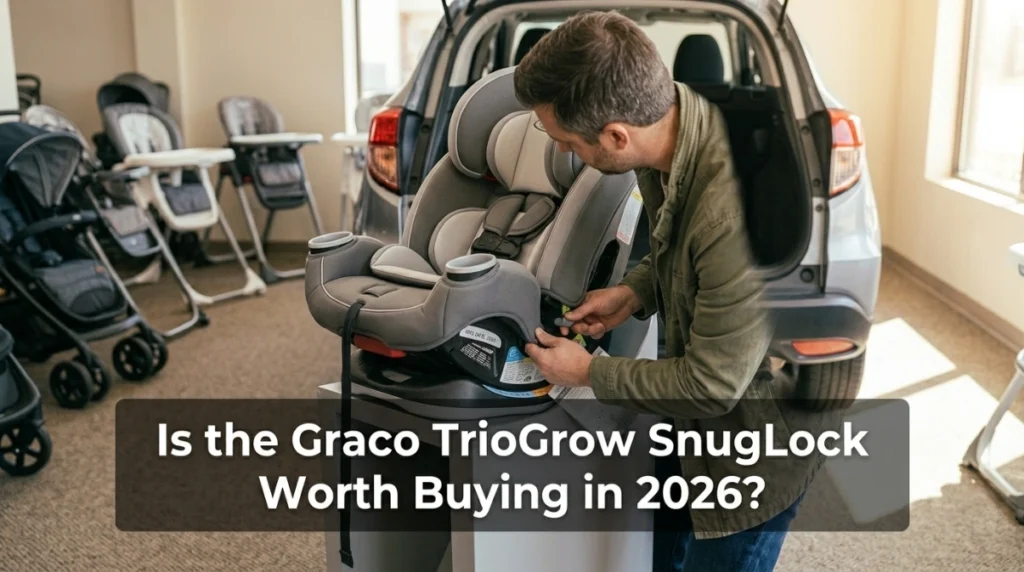 Parent checking a Graco TrioGrow car seat’s condition and vehicle fit before purchase