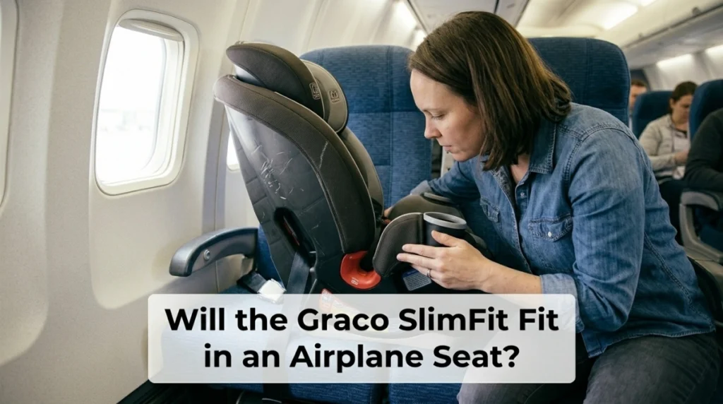Graco SlimFit car seat positioned in a narrow economy airplane window seat