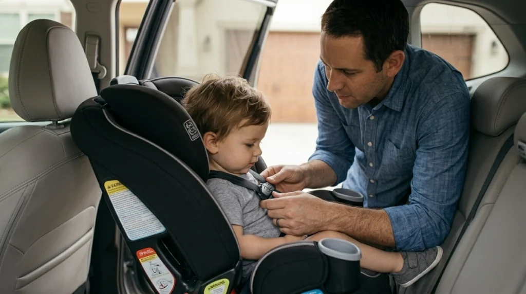 Toddler secured in a rear-facing Grows4Me with a snug harness and chest clip at armpit level