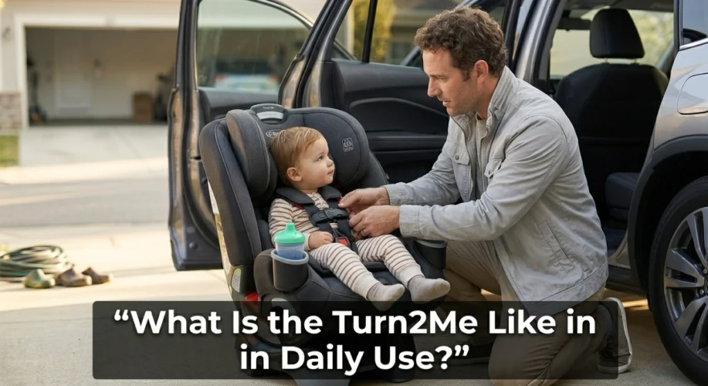 Parent adjusting a toddler’s harness in a Graco Turn2Me rotating car seat during daily use