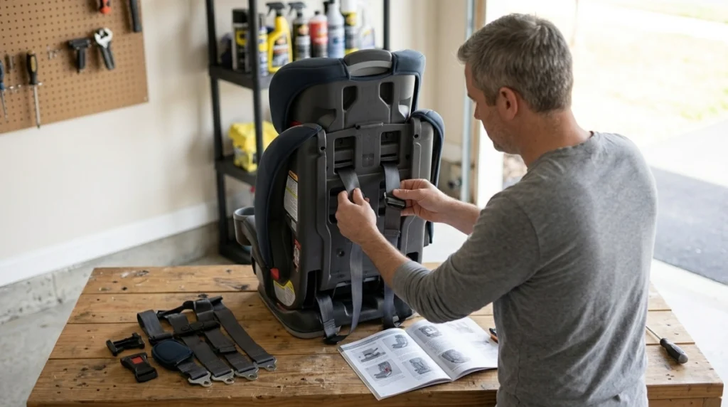 Parent converting a Graco Nautilus 65 from harness to booster mode