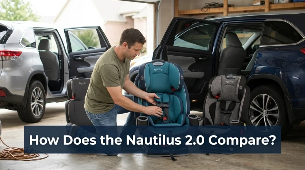 Three harness booster configurations compared in a realistic family garage