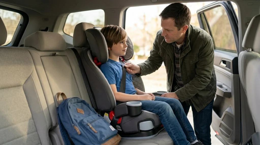 Parent checking correct seat-belt fit on a child using a highback booster
