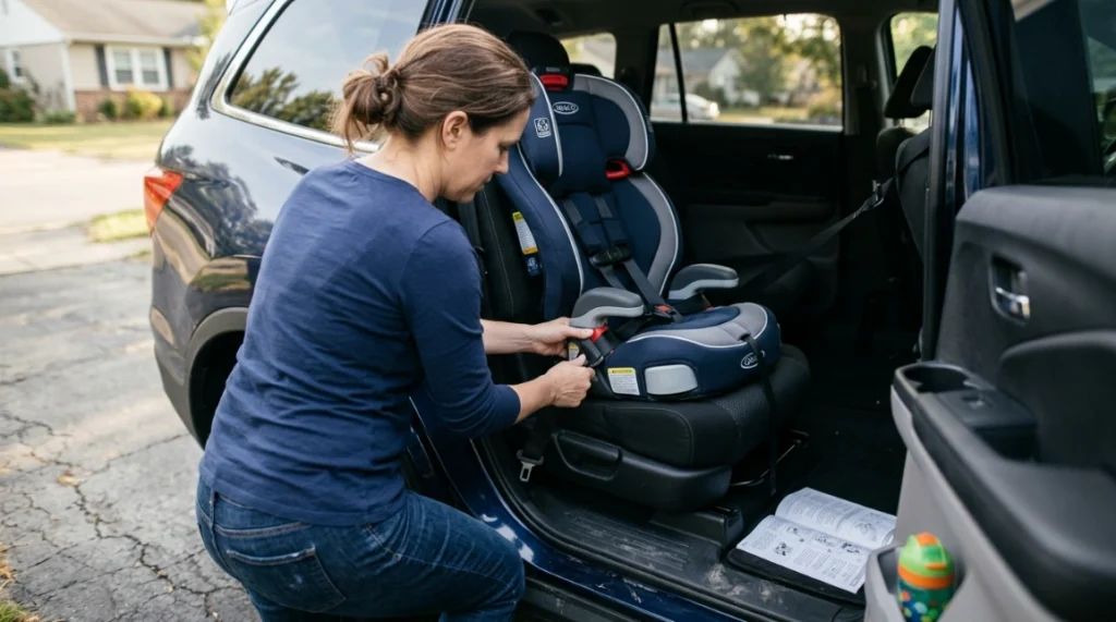 Parent installing Graco Atlas 65 2-in-1 harness booster car seat in a family SUV