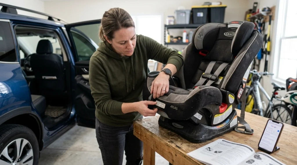 Parent inspecting an older Graco Atlas 65 2-in-1 harness booster car seat before use