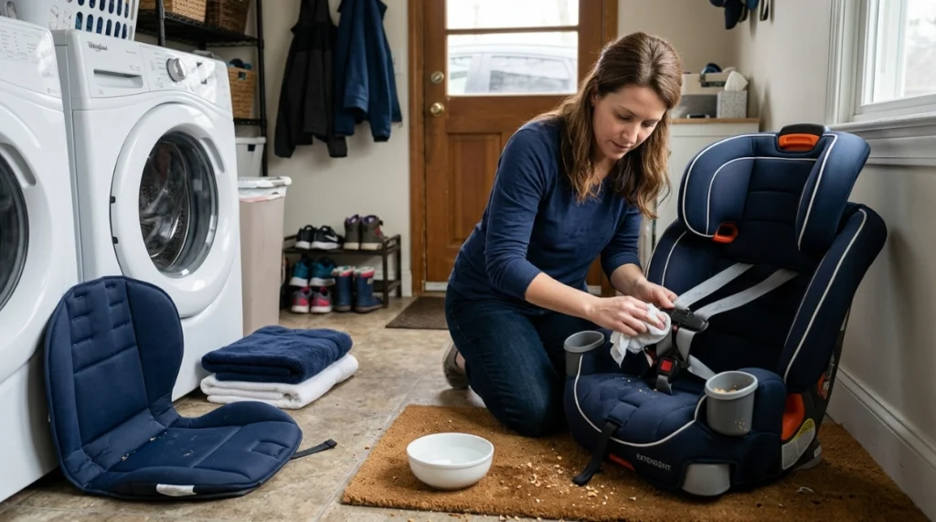 Graco Tranzitions 3 in 1 Harness Booster Car Seat Review showing seat cleaning and care
