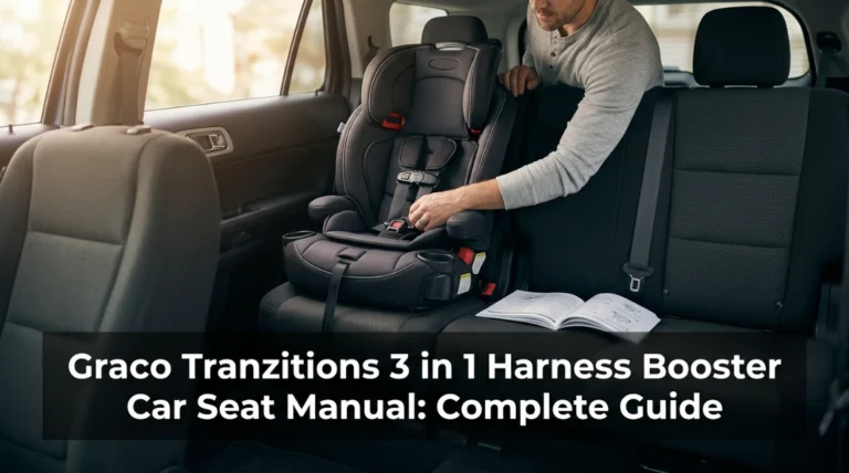 Parent using Graco Tranzitions 3 in 1 harness booster car seat manual during installation