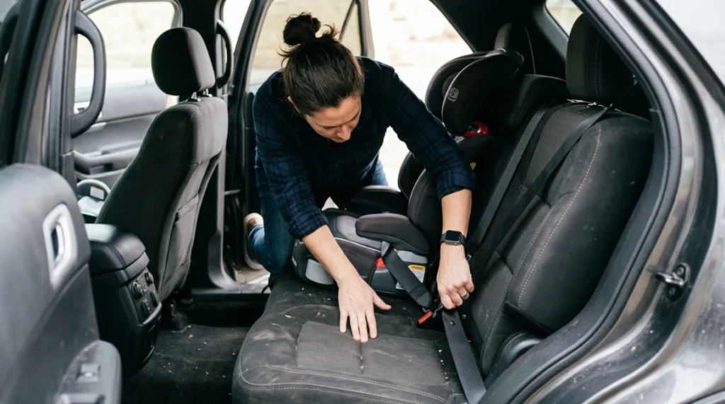 Parent installing Graco Tranzitions harness booster and tightening the top tether in an SUV
