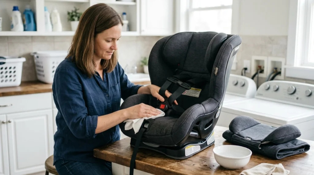 Parent surface cleaning a Graco Tranzitions harness and removable seat cover in a utility room