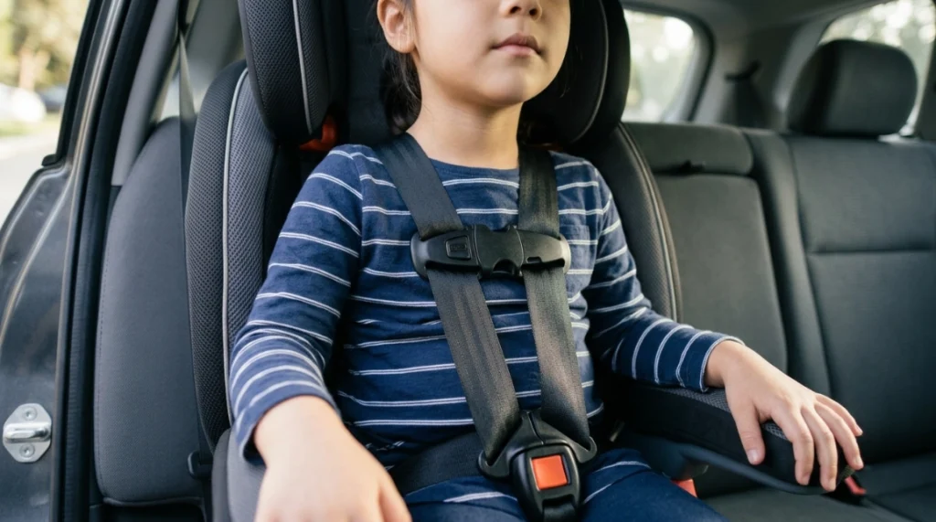 Child showing correct harness fit in a Graco Tranzitions 3 in 1 booster car seat