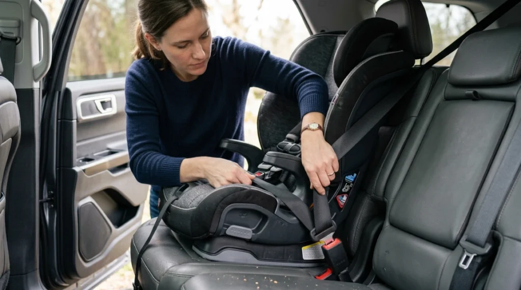 Parent routing vehicle seat belt through a Britax-style ClickTight harness booster car seat