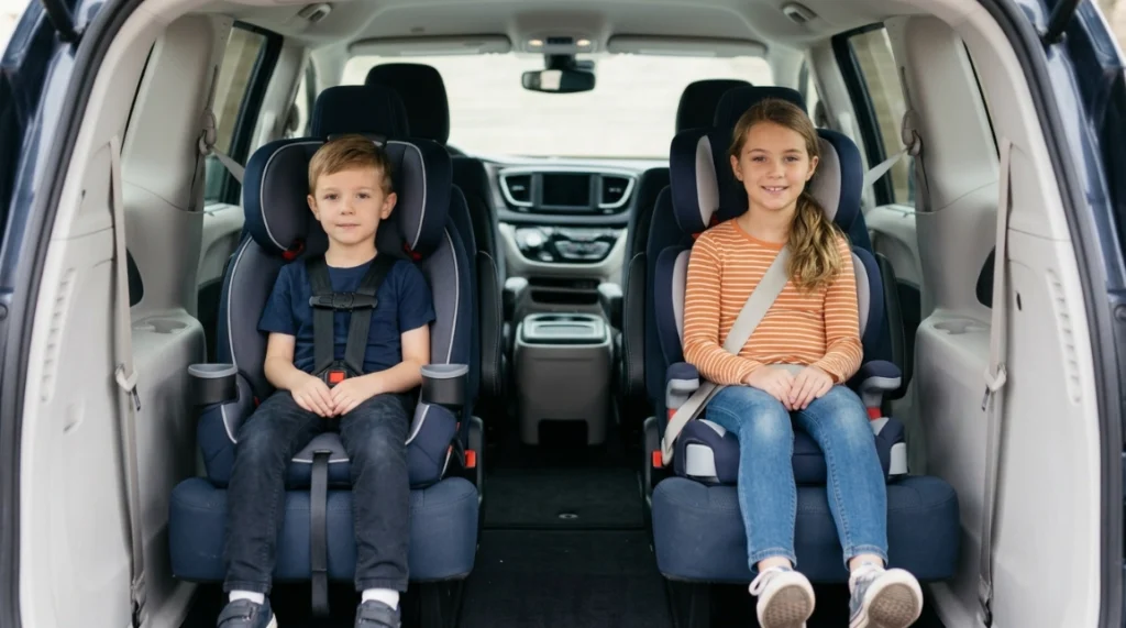 Younger child in five-point harness beside older child using high-back booster and vehicle belt