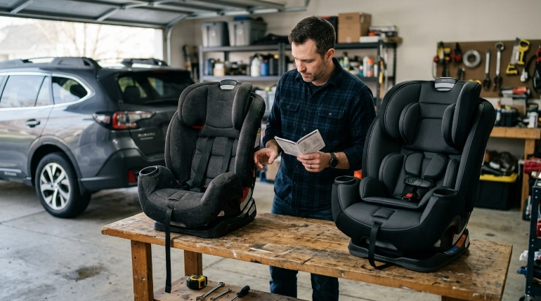 Parent checks an older Britax One4Life Eclipse Black car seat model and manufacture details