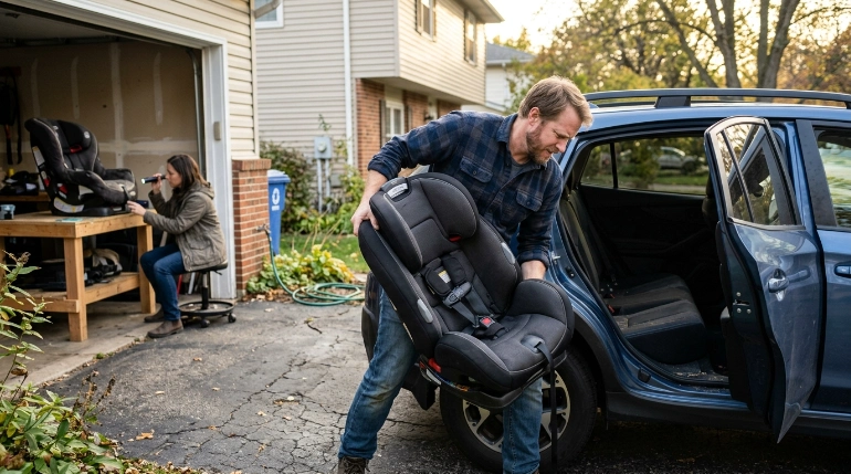 Parent handles a heavy Britax One4Life while checking width and an older seat's condition