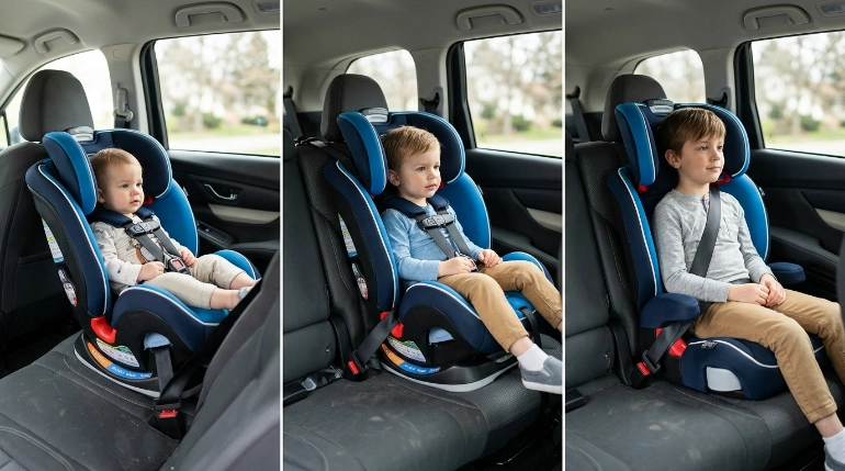 Safety 1st Grow and Go 3 in 1 car seat shown rear-facing, forward-facing and as a booster