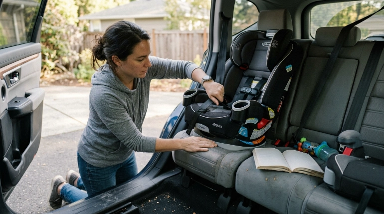 Parent tightening a Safety 1st Grow and Go 3 in 1 car seat at the vehicle belt path
