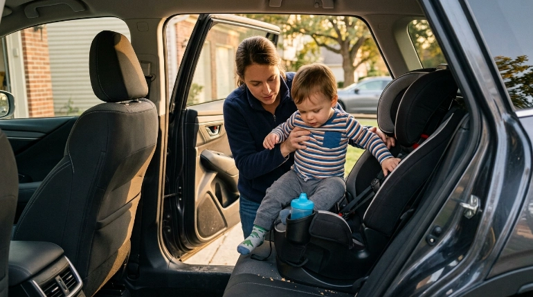 Toddler getting into a Safety 1st Grow and Go 3 in 1 car seat with cup holders and harness