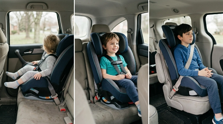 Three Safety 1st Grow and Go Sprint use stages showing rear-facing, harness, and booster configurations