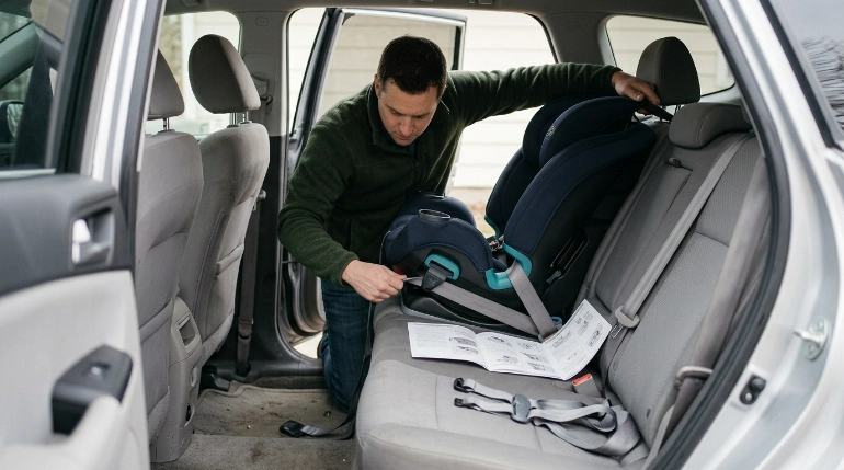 Parent installing a Safety 1st Grow and Go Sprint car seat and checking the top tether and belt path