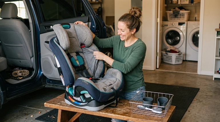 Parent removing the washable Safety 1st Grow and Go Sprint seat pad beside removable cup holders