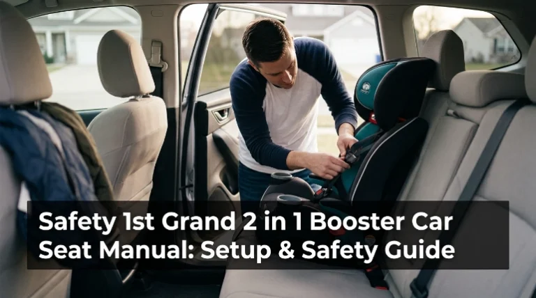 Parent checking a combination booster seat for the Safety 1st Grand 2 in 1 manual guide