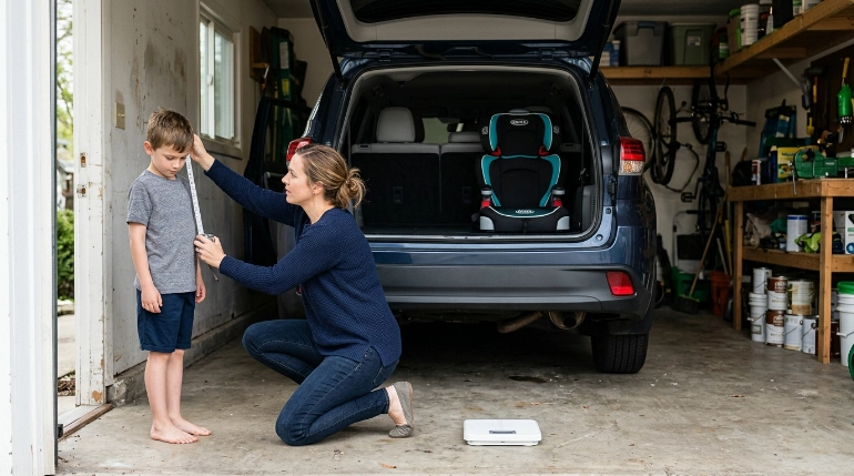 Parent measuring a child's height beside a combination booster seat and household scale