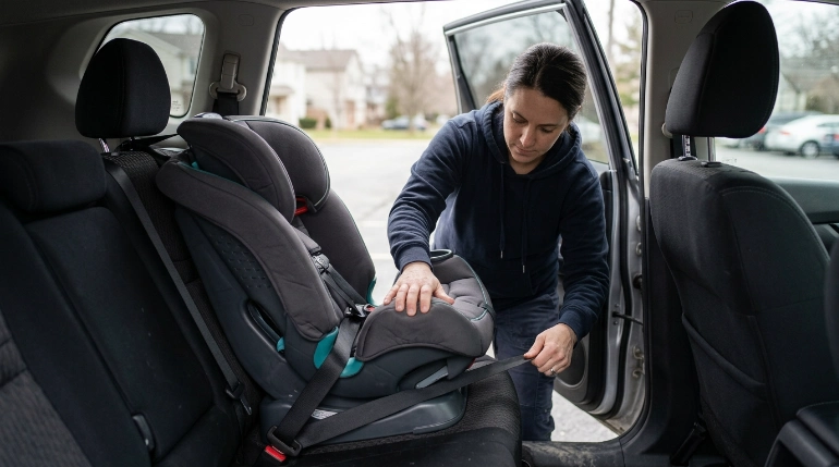 Parent tightening a forward-facing combination car seat and routing the top tether in an SUV