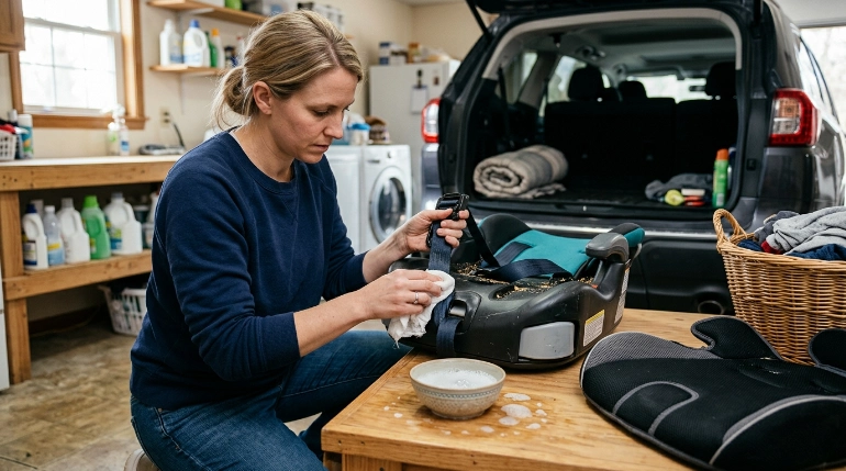 Parent spot-cleaning booster seat harness straps while inspecting the seat for crumbs and wear