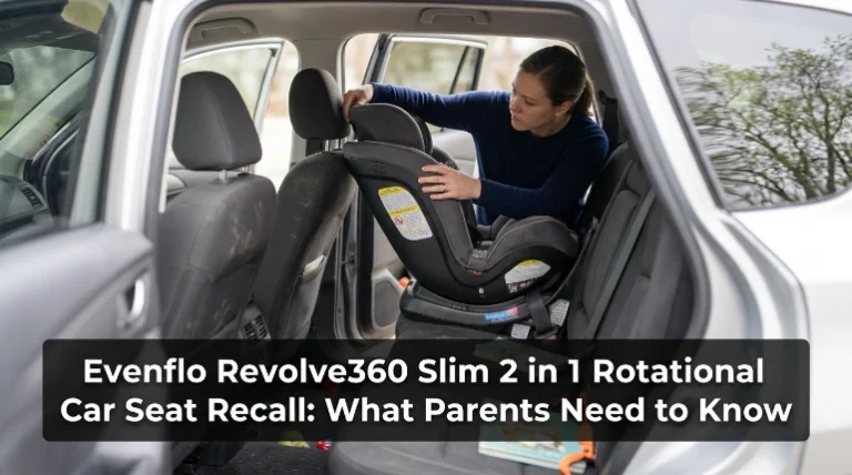 Parent checking a Revolve360 Slim car seat during the Evenflo rotational car seat recall.