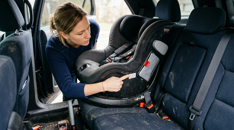 Parent checking the rear model label of a Revolve360 Slim car seat for recall eligibility.