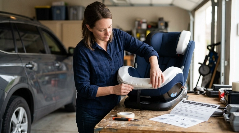 Parent applying the free protective repair seal to a recalled Revolve360 Slim headrest.
