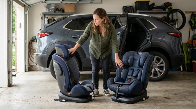 Parent comparing a slim rotating car seat with a separate REO-style seat during two different recalls.