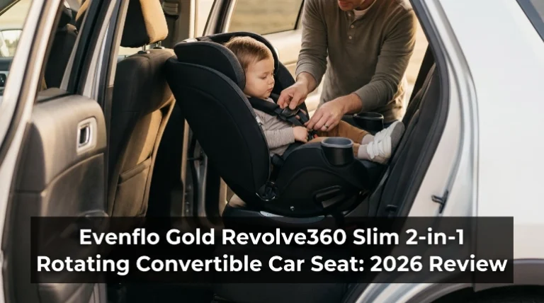 Evenflo Gold Revolve 360 Slim 2-in-1 rotating convertible car seat rotated toward an open SUV door