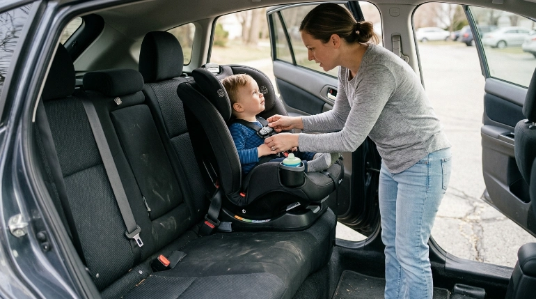 Evenflo Gold Revolve 360 Slim 2-in-1 rotating convertible car seat turned toward a vehicle door