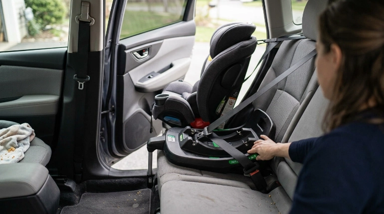 Caregiver installing an Evenflo Gold Revolve 360 Slim 2-in-1 rotating convertible car seat base