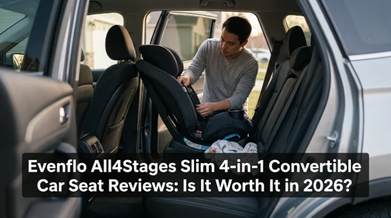 Evenflo All4Stages Slim 4 in 1 convertible car seat reviews with slim seat installed in a family SUV